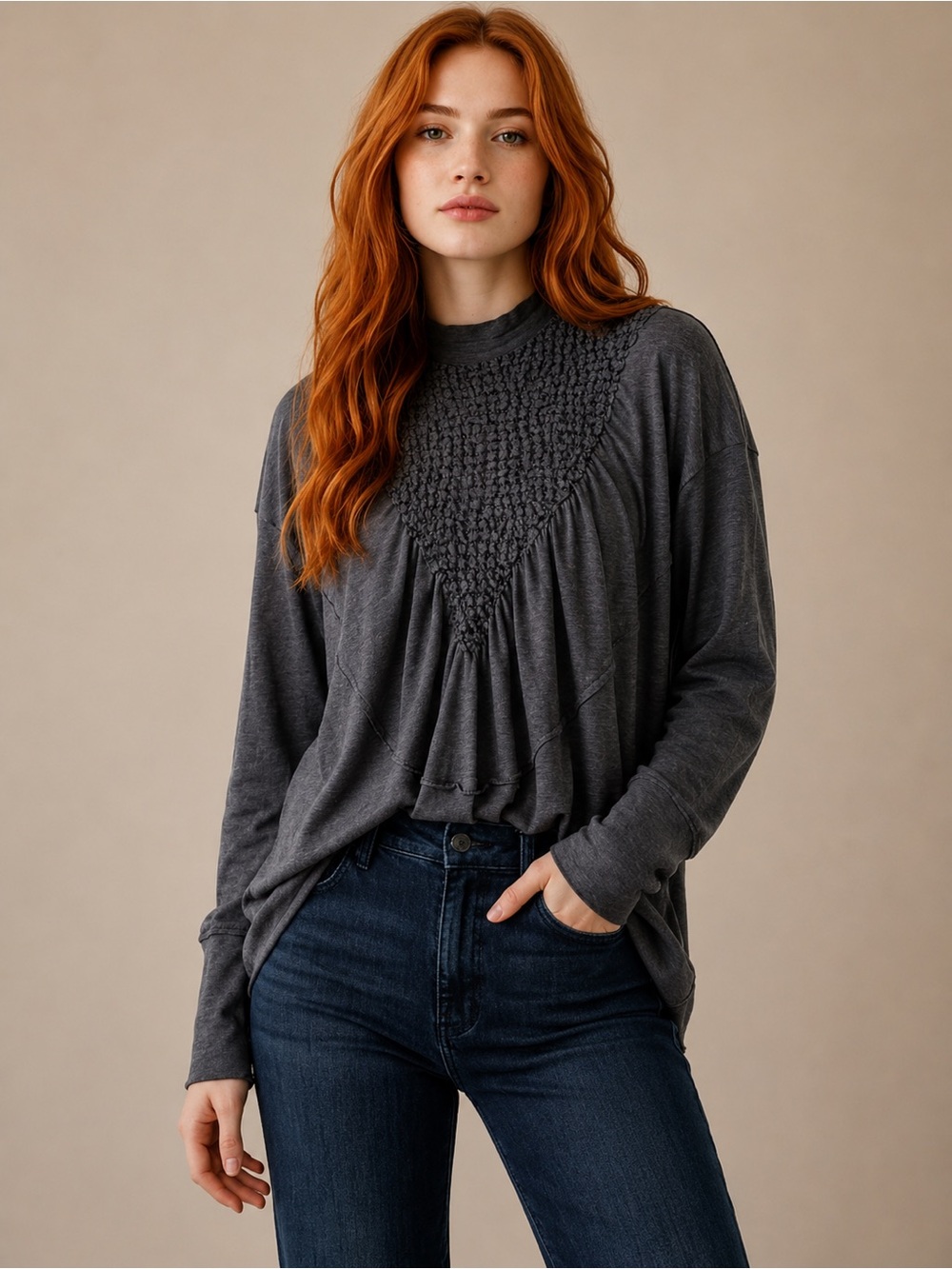 Free People New Romantics  Charcoal Smocked Yoke Long Sleeve Top